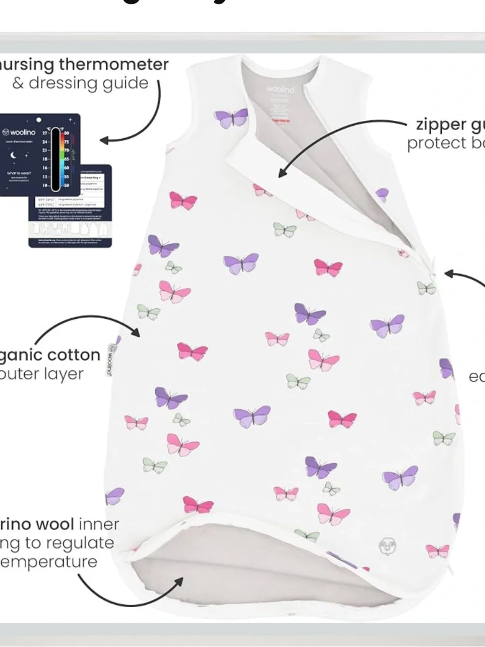 Woolino Merino Wool Baby Sleeping Bag - 4 Season Butterfly print 18-36 month
